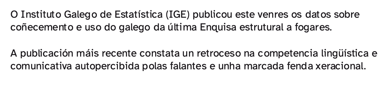Captura da adaptación da noticia de Pérez, F. e López A. (2024, 13 de outubro). O galego é lingua minoritaria por primeira vez e descoñecida para un terzo dos menores de 15. El Salto diario.