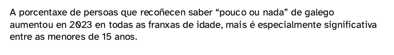 Captura da adaptación da noticia de Pérez, F. e López A. (2024, 13 de outubro). O galego é lingua minoritaria por primeira vez e descoñecida para un terzo dos menores de 15. El Salto diario.