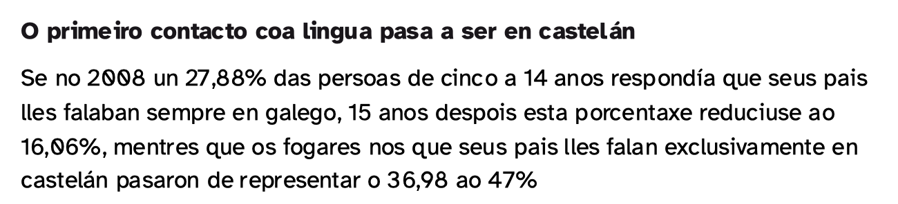 Captura da adaptación da noticia de Pérez, F. e López A. (2024, 13 de outubro). O galego é lingua minoritaria por primeira vez e descoñecida para un terzo dos menores de 15. El Salto diario.