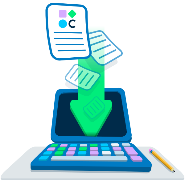 Imaxe do material descargable para o proxecto cREAgal. Amosa unha frecha de descarga de documentos nun computador portátil