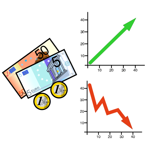 Dinero acompañado de dos gráficas. Una gráfica con una flecha verde hacia arriba y la otra con una flecha roja hacia abajo.