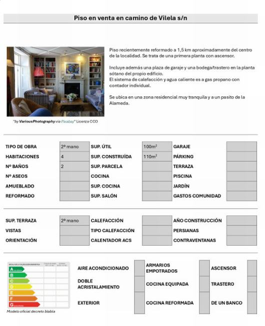 Ficha inmobiliaria que incluye la descripción de la vivienda y las características básicas.