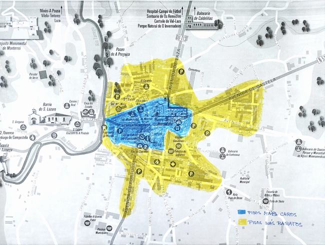 Mapa con dos zonas coloreadas de pisos caros y baratos