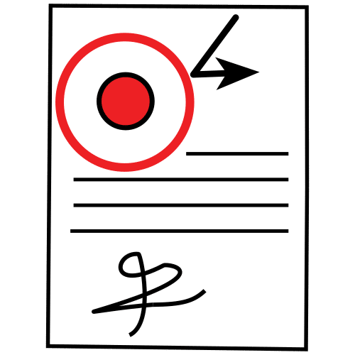 Documento con un punto rojo y una flecha en la parte superior.