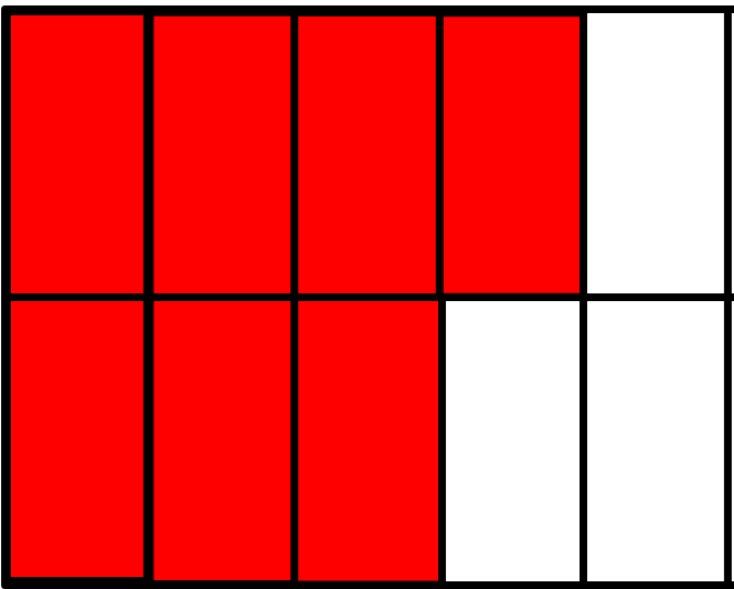 Rectángulo dividido en diez partes con siete de ellas coloreadas de rojo.