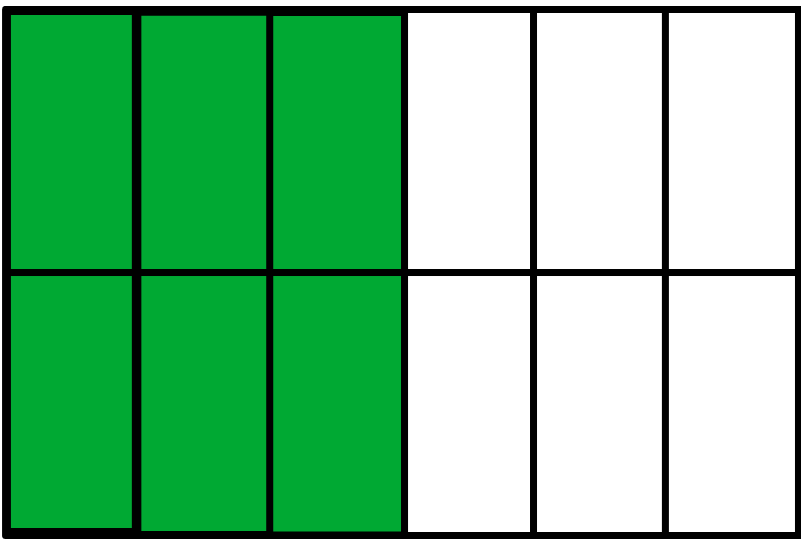 Rectángulo dividido en 12 partes con 6 de ellas coloreadas de verde.