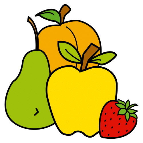 Frutas como pera, fresa, manzana y naranja
