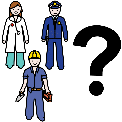 Pictograma con un interrogante al lado de una doctora, un policía y un albañil