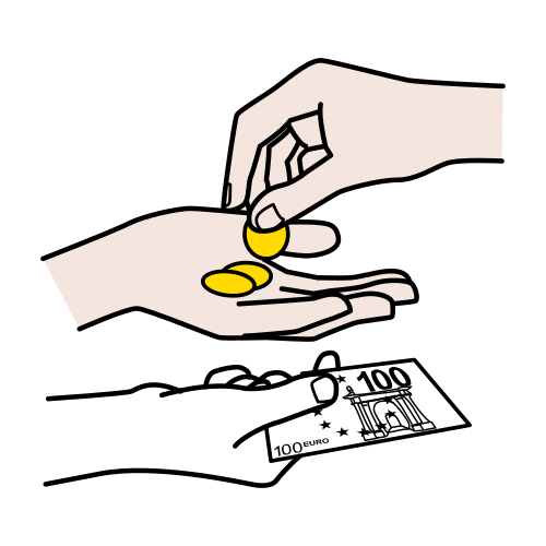 Mano pagando con un billete y otra mano devolviendo monedas