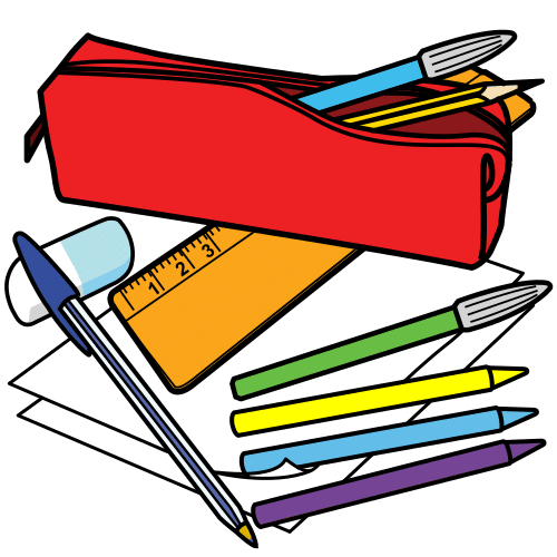 Material escolar como un estuche, bolígrafos, lápices y gomas.
