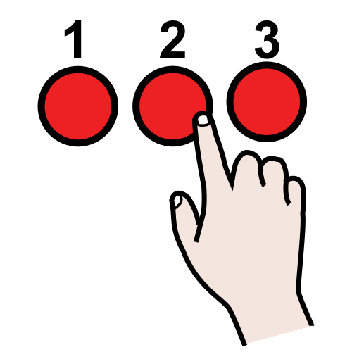 Tres círculos rojos con números encima y un dedo pasando por el círculo del medio.