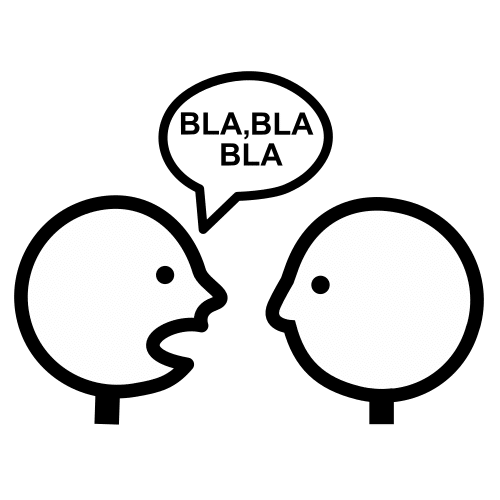 Dos personas hablando con un bocadillo encima con bla bla bla.