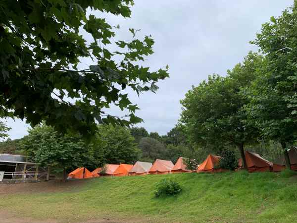 Campamento con tiendas de acampada naranjas