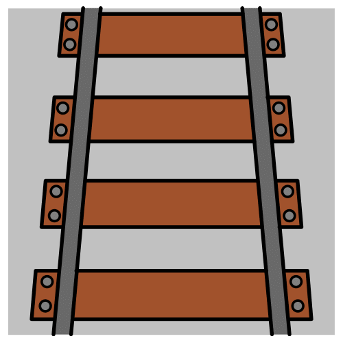 Vía del tren con listones de madera y raíles metálicos.