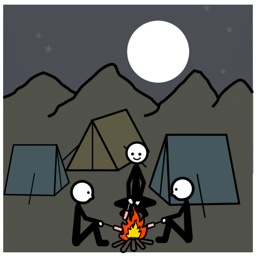 Velada nocturna en un campamento con tres tiendas de campaña, tres personas y una hoguera.