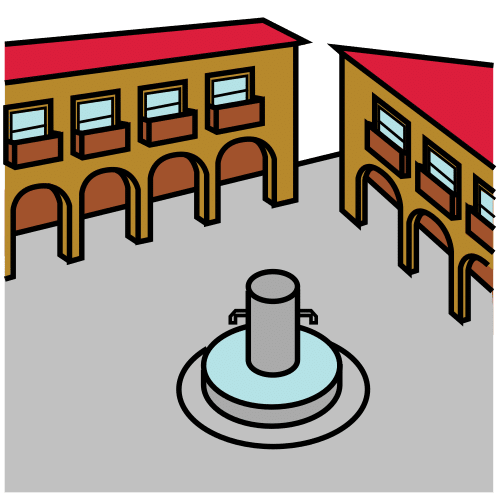 Plaza de pueblo con una fuente en el medio