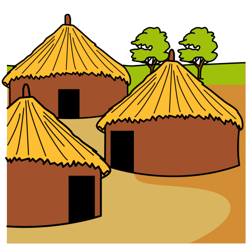 Conjunto de construcciones antiguas con un tejado de paja.