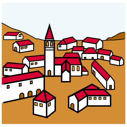 Pictograma de un pueblo con casas de diferentes tamaños y una iglesia en el medio.