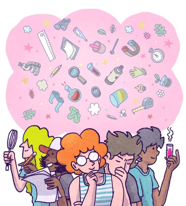 Personajes pensando en objetos científicos