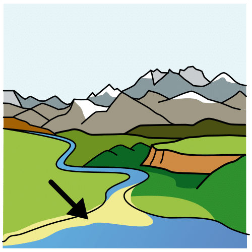 Río entre montañas y playa fluvial al lado.