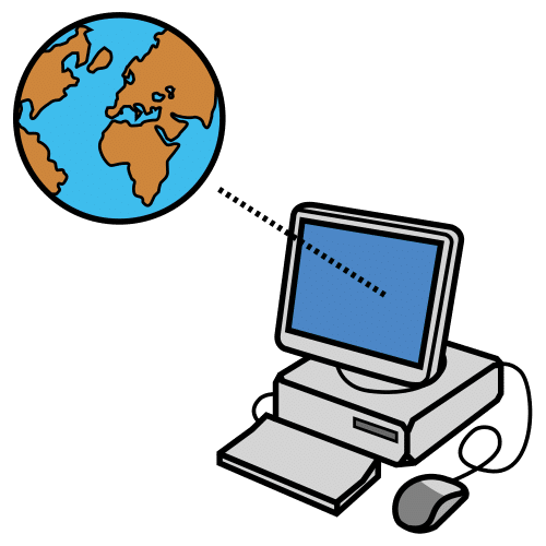 Ordenador y una bola del mundo conectados por una línea de puntos.