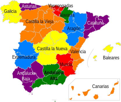 Mapa histórico. Rexións de España segundo a Constitución de 1873