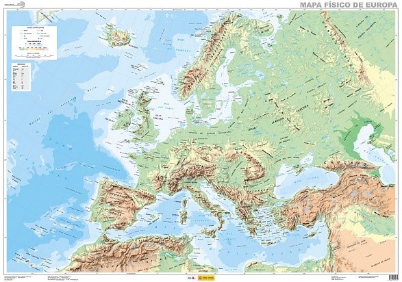 Mapa físico de Europa. Exemplo de pequena escala