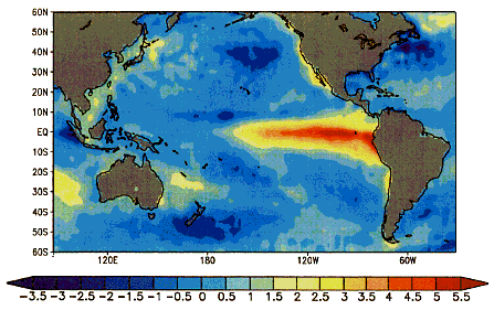 Mapa das temperaturas anómalas durante O Neno de decembro de 1997