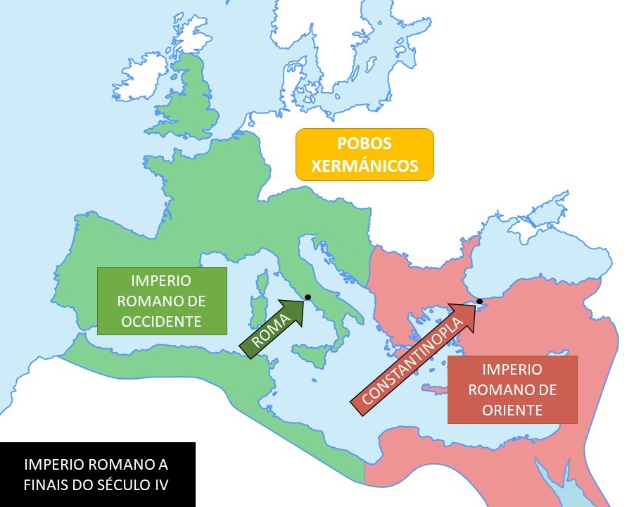 División do Imperio Romano de Oriente e Occidente