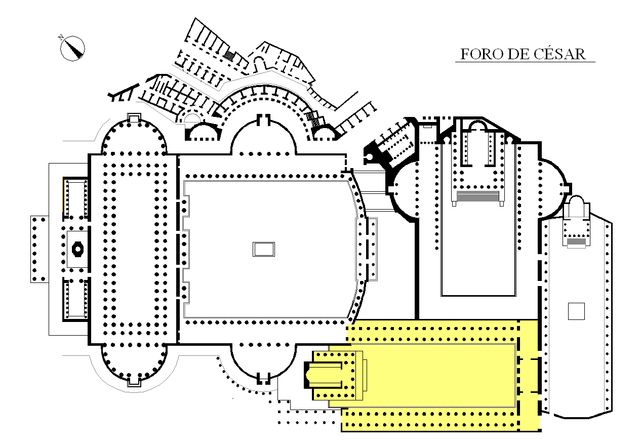 Planta dos Foros imperiais, o amarelo representa o foro de César