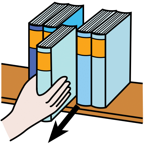 Mano cogiendo un libro de una estantería.