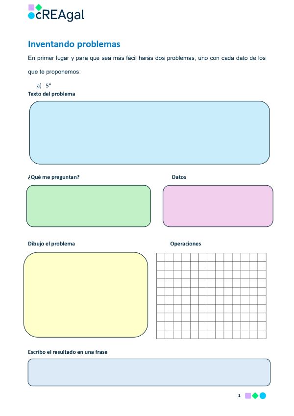 Documento de trabajo: inventando problemas, utilizando la potencia 5 elevado a 4, elaborando el problema, los datos, las operaciones, dibujo y resultado.