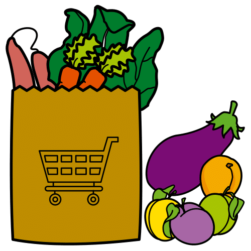 Verdura dentro de una bolsa de papel con un carro de la compra dibujado y verdura y frutas fuera de la bolsa