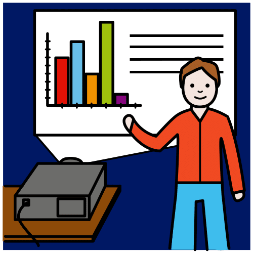 Personaje haciendo una presentación con una pantalla y un proyector.