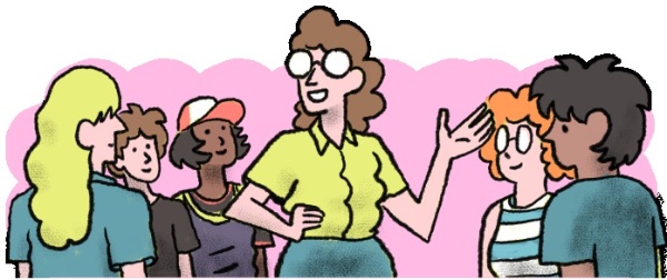 Profesora explicando a sus alumnos y alumnas