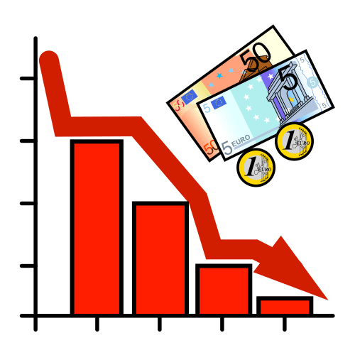 Dinero con gráfico en rojo con una flecha hacia abajo.