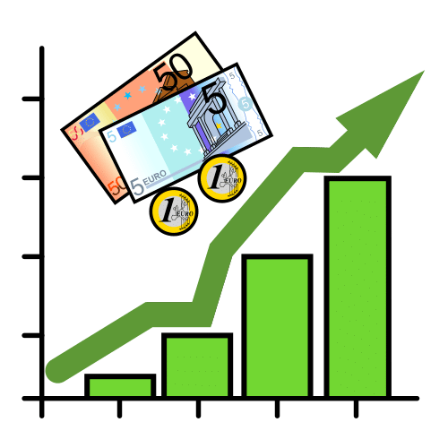 Dinero con gráfico en verde con una flecha hacia arriba