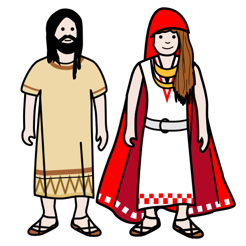 Una mujer vestida con una capa y una túnica y un hombre vestido con una túnica.