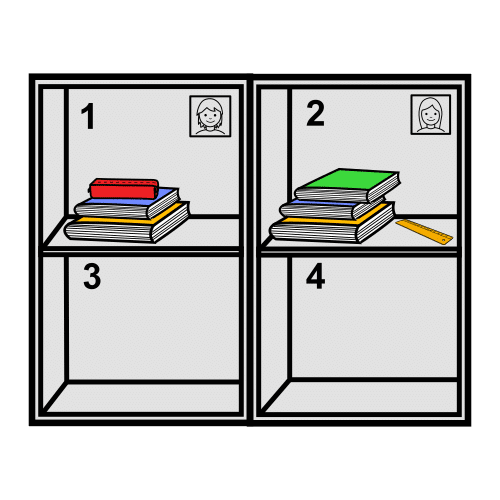 Estantería cuadrada dividida en cuatro partes iguales con libros en dos casilleros. 