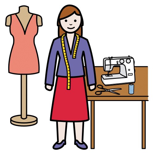 Mujer sastre en un taller, con un maniquí y una máquina de coser al lado. 