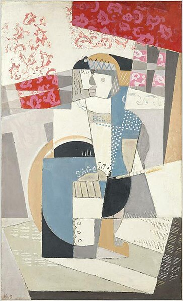 Una obra cubista que parece estar construida como un robot o un rompecabezas configurados por cuadriláteros en su mayoría.