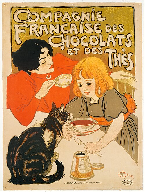 Cartel compañía francesa de tés e chocolates. Unha nai e unha nena desfrutan dun chocolate á taza en compañía dun gato.