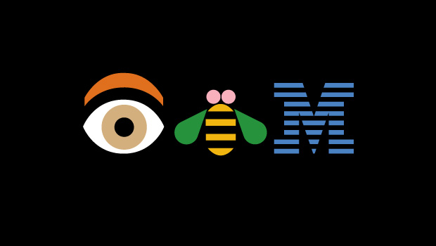 Cartel con debuxos que representan letras: ollo, abella e un M lense IBM en inglés