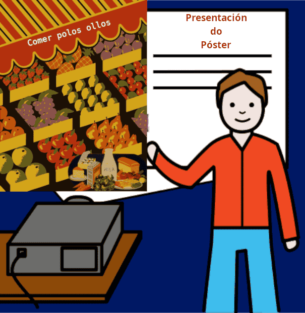 Unha persoa presenta o seu póster nun proxector