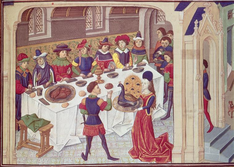 Banquete onde se ve a mesa coa comida nunha voda
