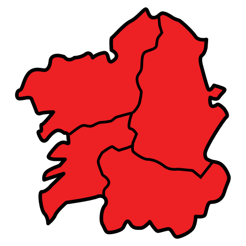 Mapa de Galicia en cor vermello coas catro provincia delimitadas por unha liña negra
