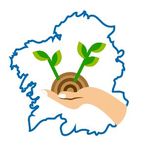 Imagen de un logotipo con la silueta de Galicia y una mato cuidando una planta de un árbol