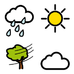 Pictograma con un sol, nube, árbol con viento y lluvia
