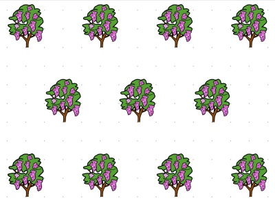 Árboles en una plantación con tresbolillo sobre un fondo de puntos