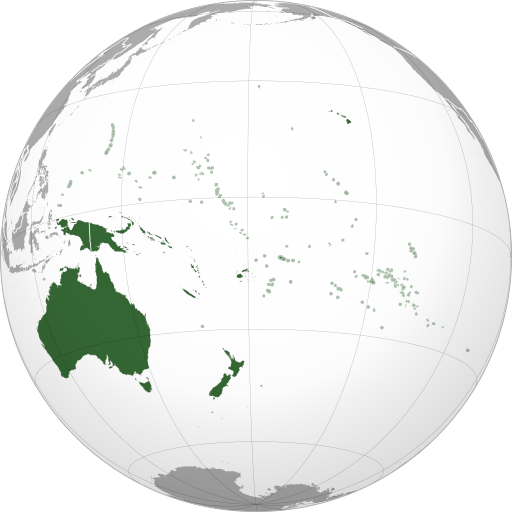 Mapa Oceanía, con Australia á esquerda, Nova Zelanda ao norte e moitas pequenas illas polo Pacífico